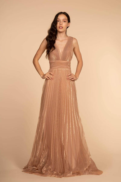 Elizabeth K - GL2574 Pleated Deep V-neck A-line Dress Special Occasion Dress XS / Rose Gold
