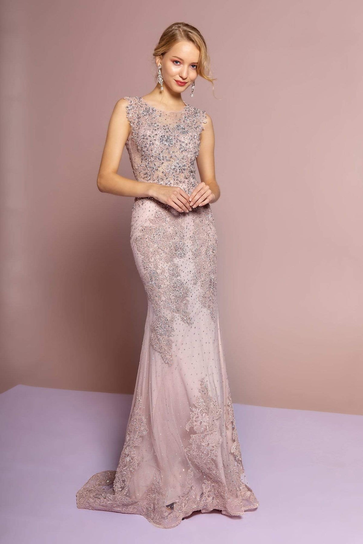 GLS by Gloria - GL2616 Cap Sleeve Appliqued Illusion Mermaid Gown Special Occasion Dress XS / Mauve
