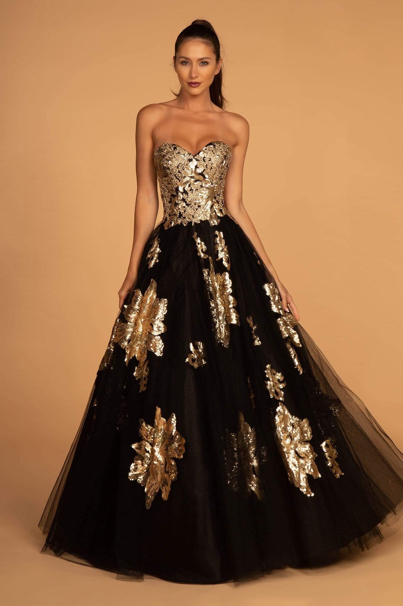 GLS by Gloria - GL2654 Gold Embellished Strapless A-Line Gown Special Occasion Dress XS / Black