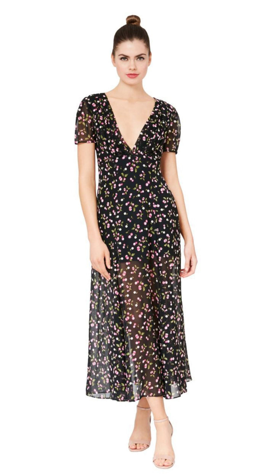 Betsey Johnson FM03K10 - Long A-Line Dress - Short Sleeves, Plunging Neckline, Fitted Bodice, Floral Prints, A-Line Skirt ADASA Betsey Johnson FM03K10 - Long A-Line Dress - Short Sleeves, Plunging Neckline, Fitted Bodice, Floral Prints, A-Line Skirt ADASA