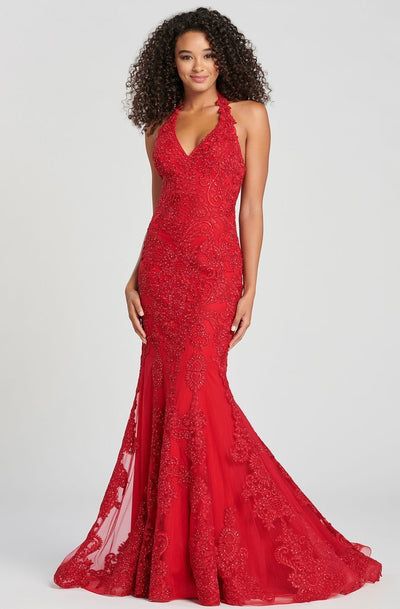 Colette By Daphne - Lace Halter V-Neck Mermaid Dress CL12071 In Red