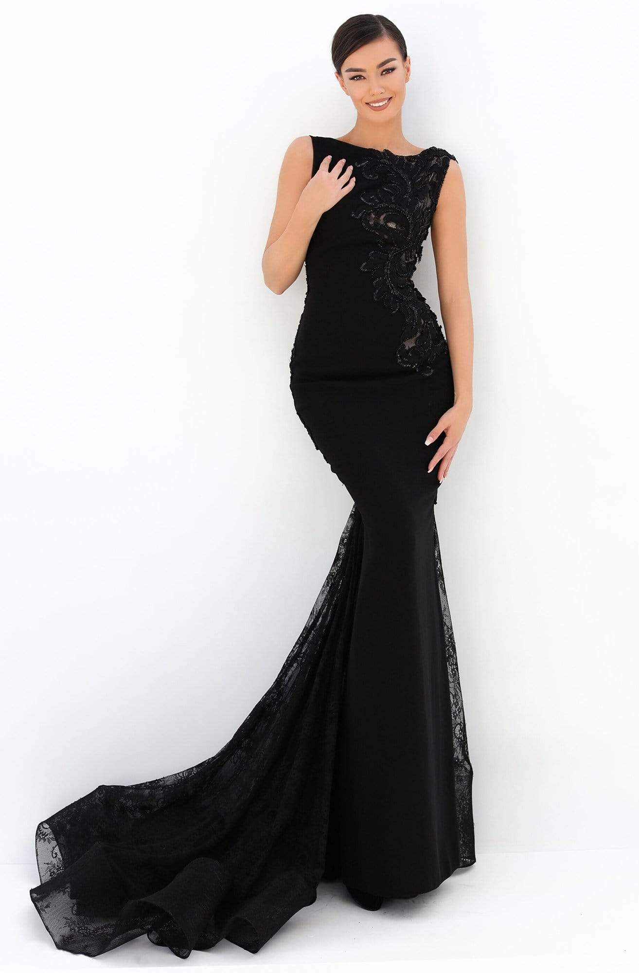 Tarik Ediz - 93820 Embroidered Bateau Trumpet Dress Evening Dresses 0 / Black