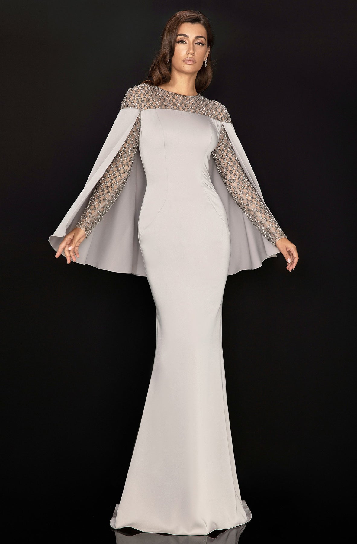 Terani Couture - 2011M2155 Beaded Long Sleeves Gown with Cape In Gray