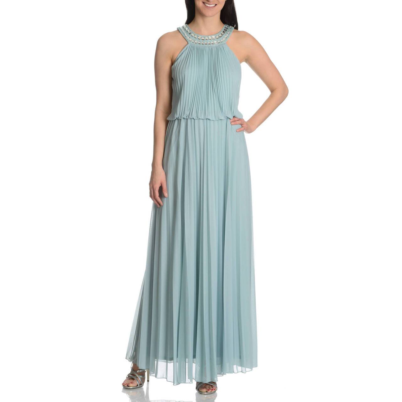 Cachet - 56579 Bejeweled Halter Accordion Pleats Long Dress in Green