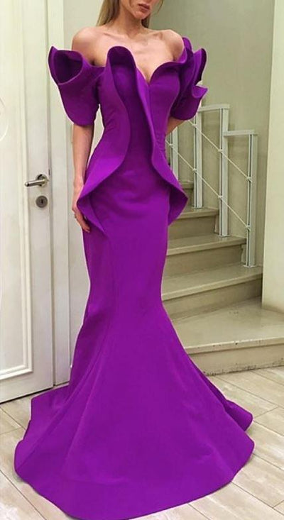 MNM Couture - 2328 Peplum Off-Shoulder Mermaid Evening Gown in Purple