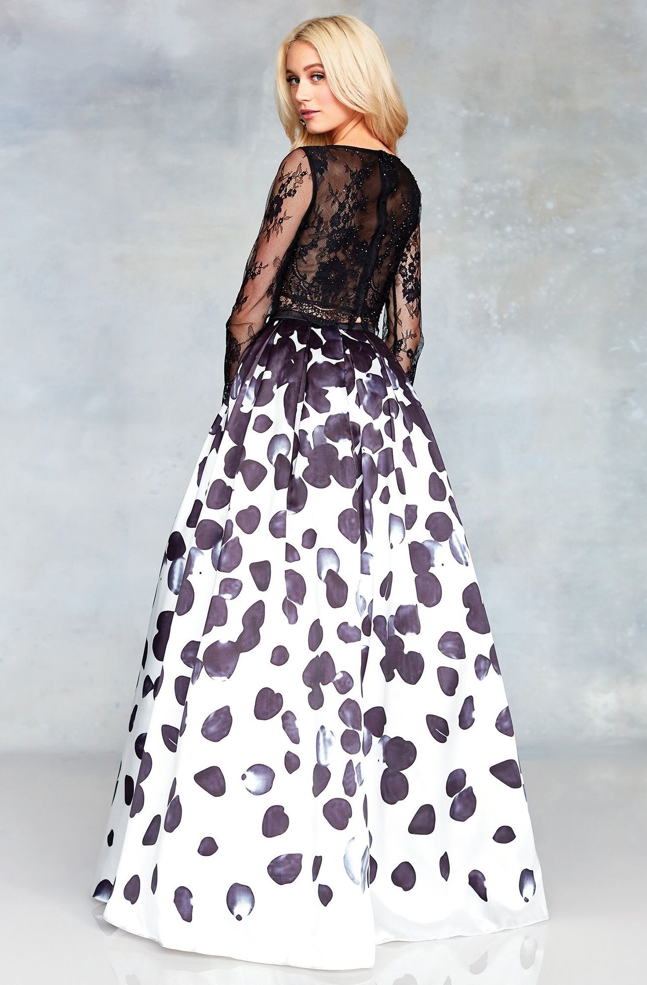 Clarisse - 3708 Two Piece Long Sleeves Petal Print Gown In Black