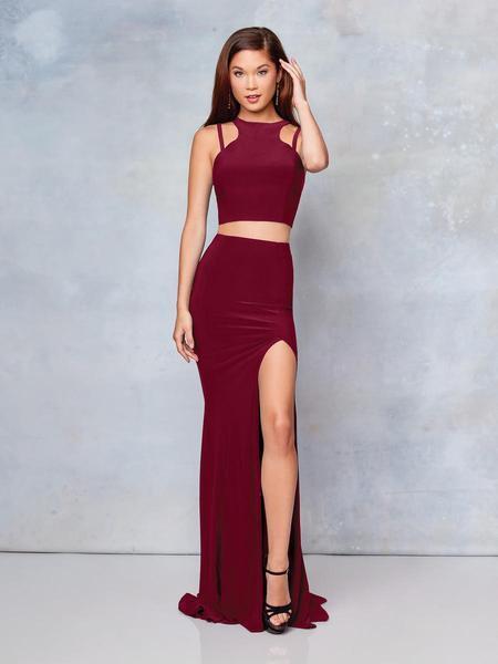 Clarisse - 3761 Two-Piece Jersey High Slit Evening Gown In Red