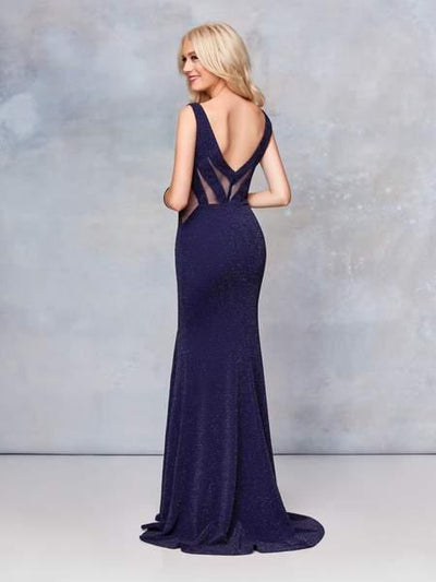 Clarisse - 3848 Chevron Illusion Paneled High Slit Gown In Blue