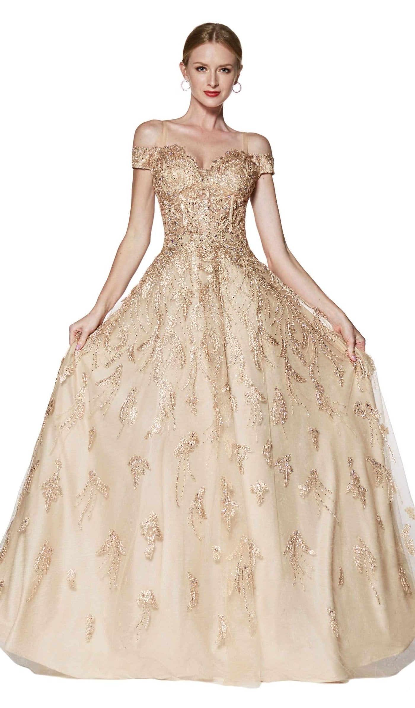 Cinderella Divine - KV1034 Beaded Lace Appliqued Ballgown In Gold