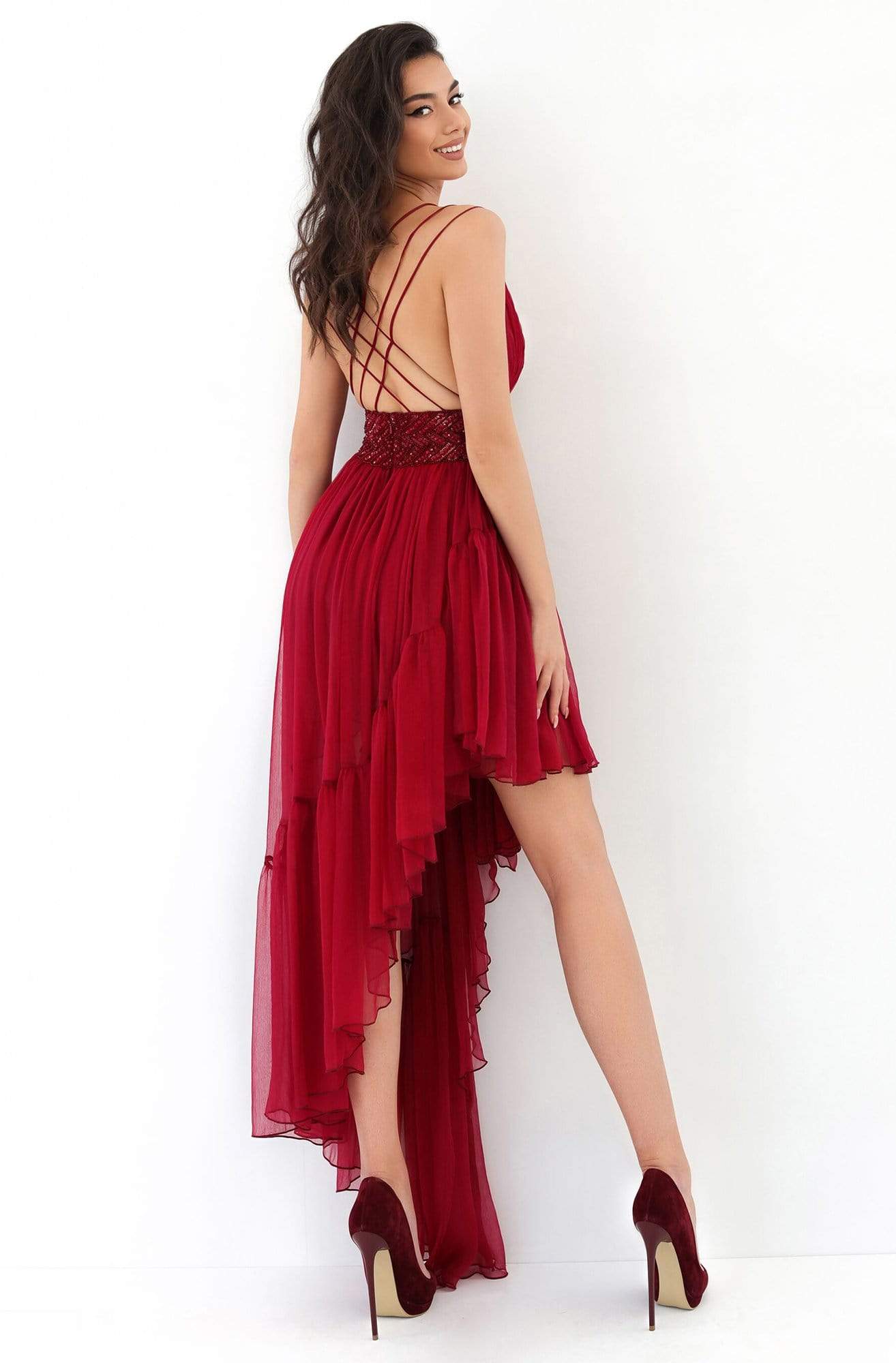 Tarik Ediz - 93846 Embellished Deep V-neck High Low Dress Evening Dresses