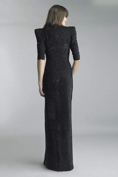 Basix - D5301L Puff Sleeve Plunging Surplice Sheath Gown in Black