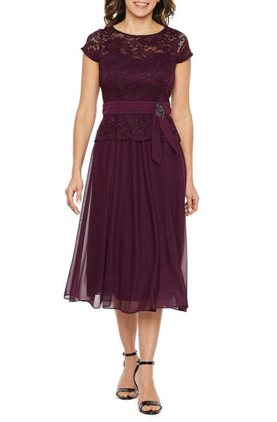 Jackie Jon New York - 26372X Cap Sleeve Brooch Accented Lace Dress In Purple