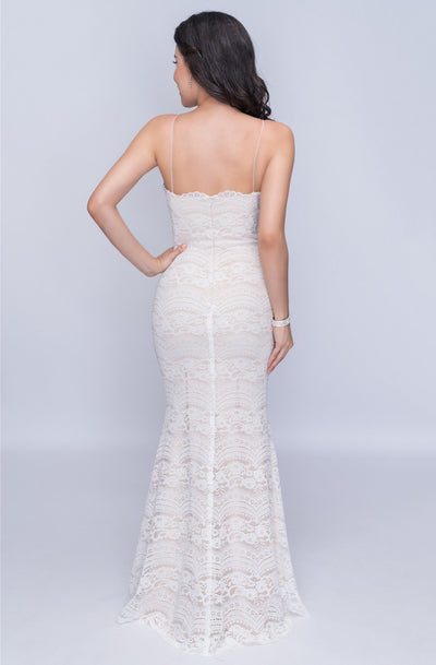 Nina Canacci - 4190 Plunging V Neck Lace Mermaid Dress In White And Nude