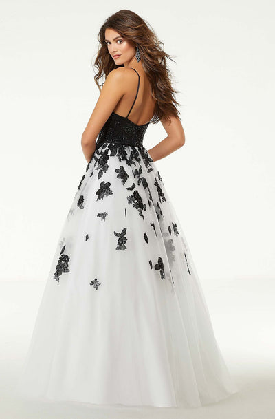 Mori Lee - 45026 Floral Embroidered and Sequined Long Dress In Black and White