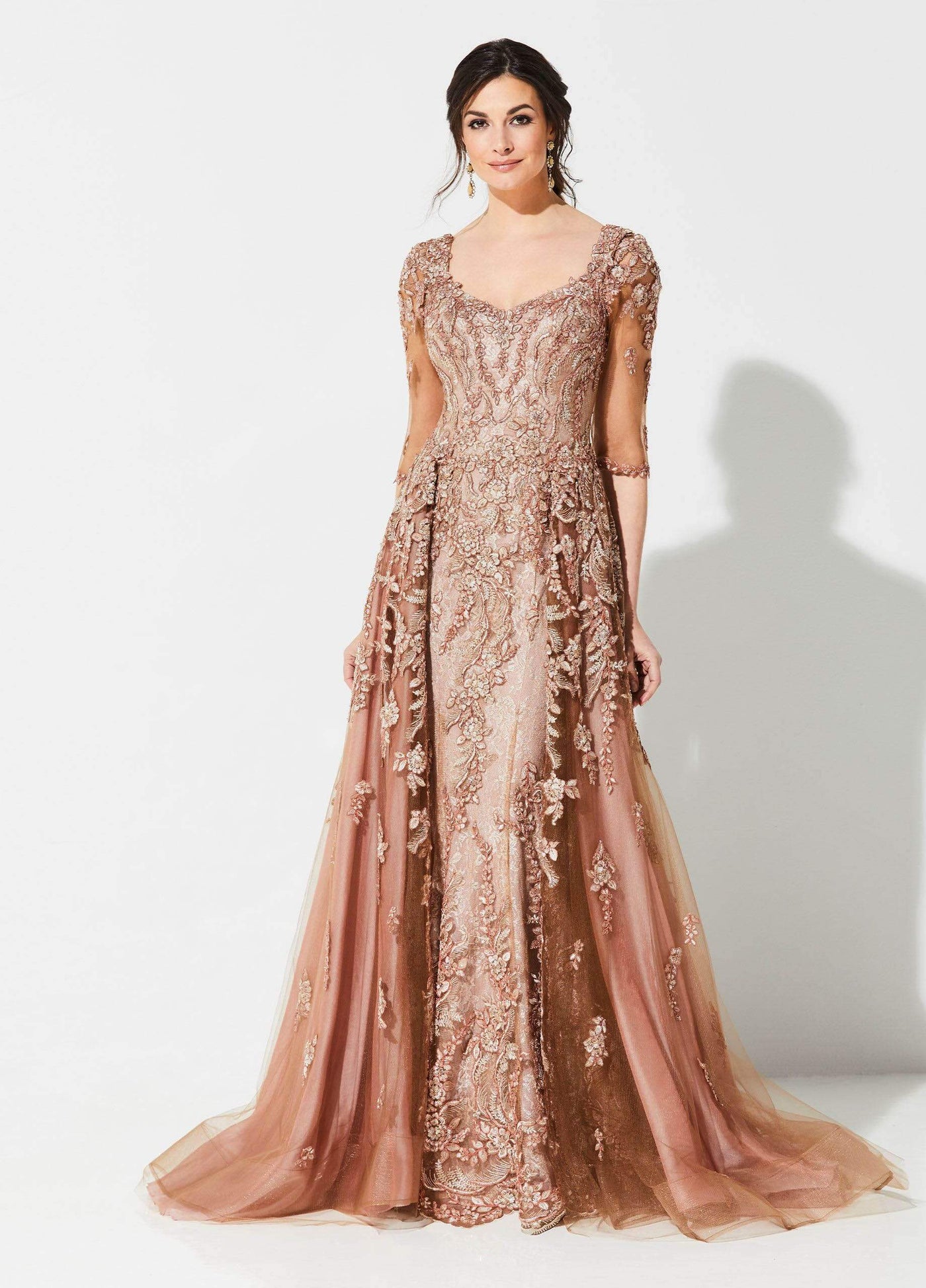 Ivonne D for Mon Cheri - 219D81 Embroidered V-neck Gown With Train Special Occasion Dress 4 / Taupe/Pink