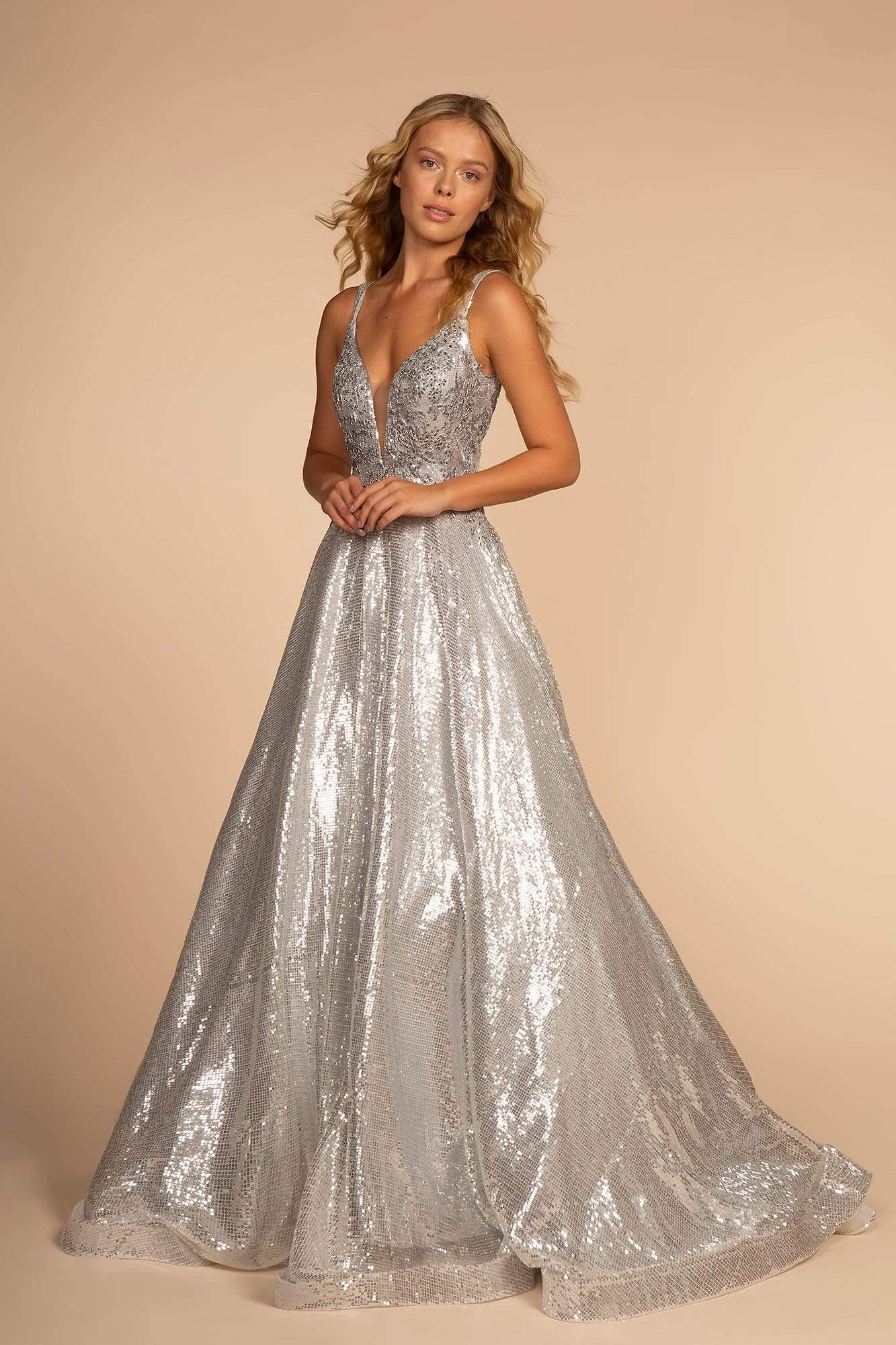 Elizabeth K - GL2652 Sequined Plunging V-Neck Gown Special Occasion Dress XS / Silver