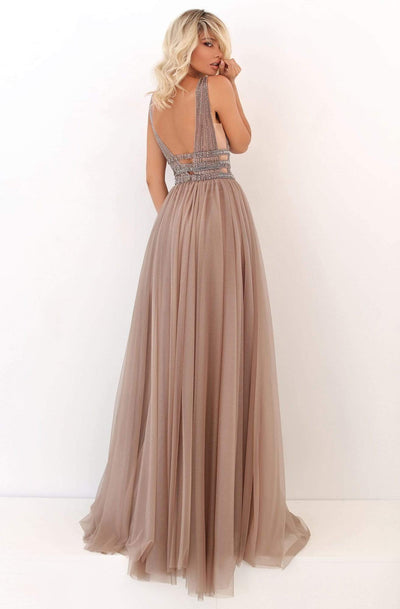 Tarik Ediz - 50740 Sexy V-Neck Bejeweled A-Line Dress Evening Dresses