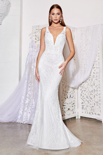 Cinderella Divine - EW115 Crisscross Strapped Back Beaded Mermaid Gown In White