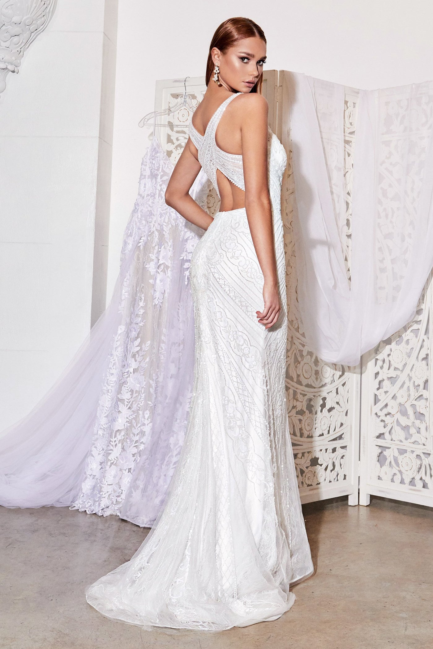 Cinderella Divine - EW115 Crisscross Strapped Back Beaded Mermaid Gown In White