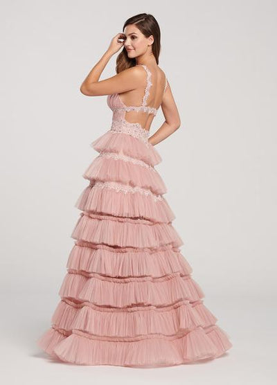 Ellie Wilde - EW119076 Ruched Beaded Lace Deep V-neck Tiered Dress In Pink