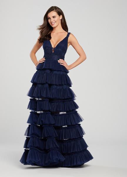 Ellie Wilde - EW119076 Ruched Beaded Lace Deep V-neck Tiered Dress In Blue