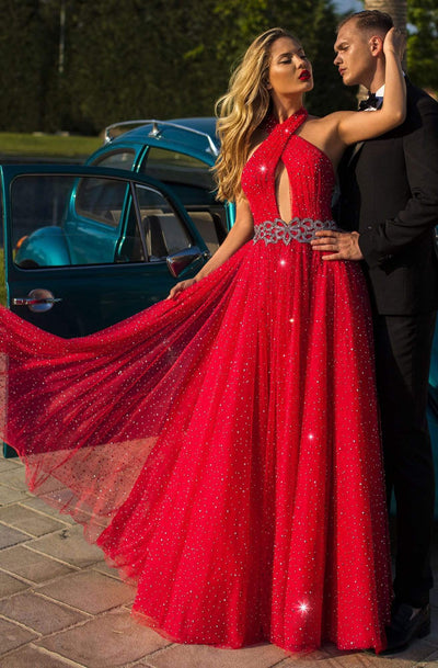 Tarik Ediz - 50710 Embellished Cross Halter A-line Dress Prom Dresses 0 / Confetti Pink