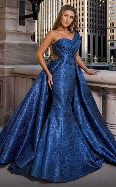 MNM COUTURE - F00613 One Shoulder Ruched Mermaid Dress With Overskirt In Blue