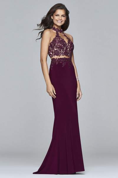 Faviana - Two Piece Lace High Halter Evening Dress 7967 in Red