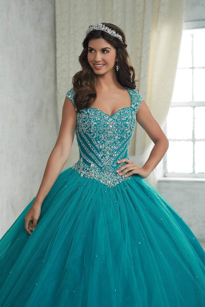 Fiesta Gowns - 56312 Beaded Cap Sleeve Sweetheart Tulle Ballgown Special Occasion Dress 0 / Teal