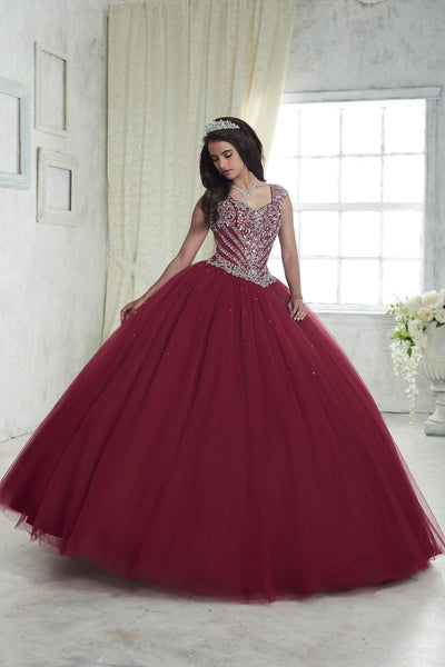 Fiesta Gowns - 56312 Beaded Cap Sleeve Sweetheart Tulle Ballgown Special Occasion Dress 0 / Sangria