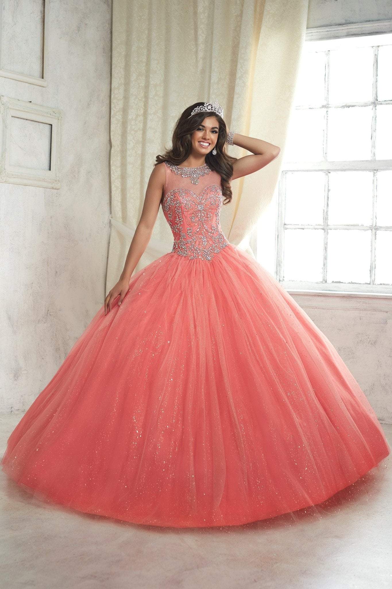 Fiesta Gowns - 56315 Sleeveless Beaded Jewel Tulle Ballgown Special Occasion Dress 0 / Coral/Champagne