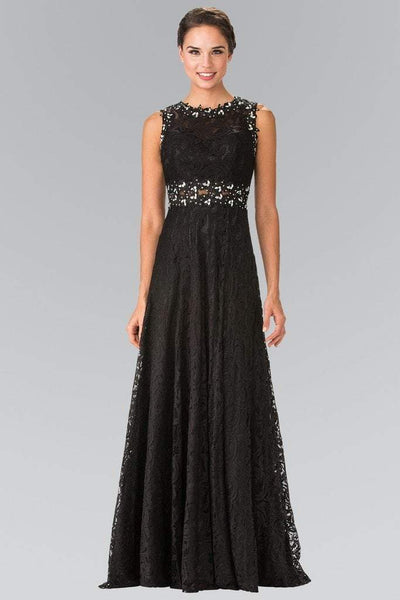 Elizabeth K GL1460 Sleeveless Illusion Paneled Lace Long Gown In Black