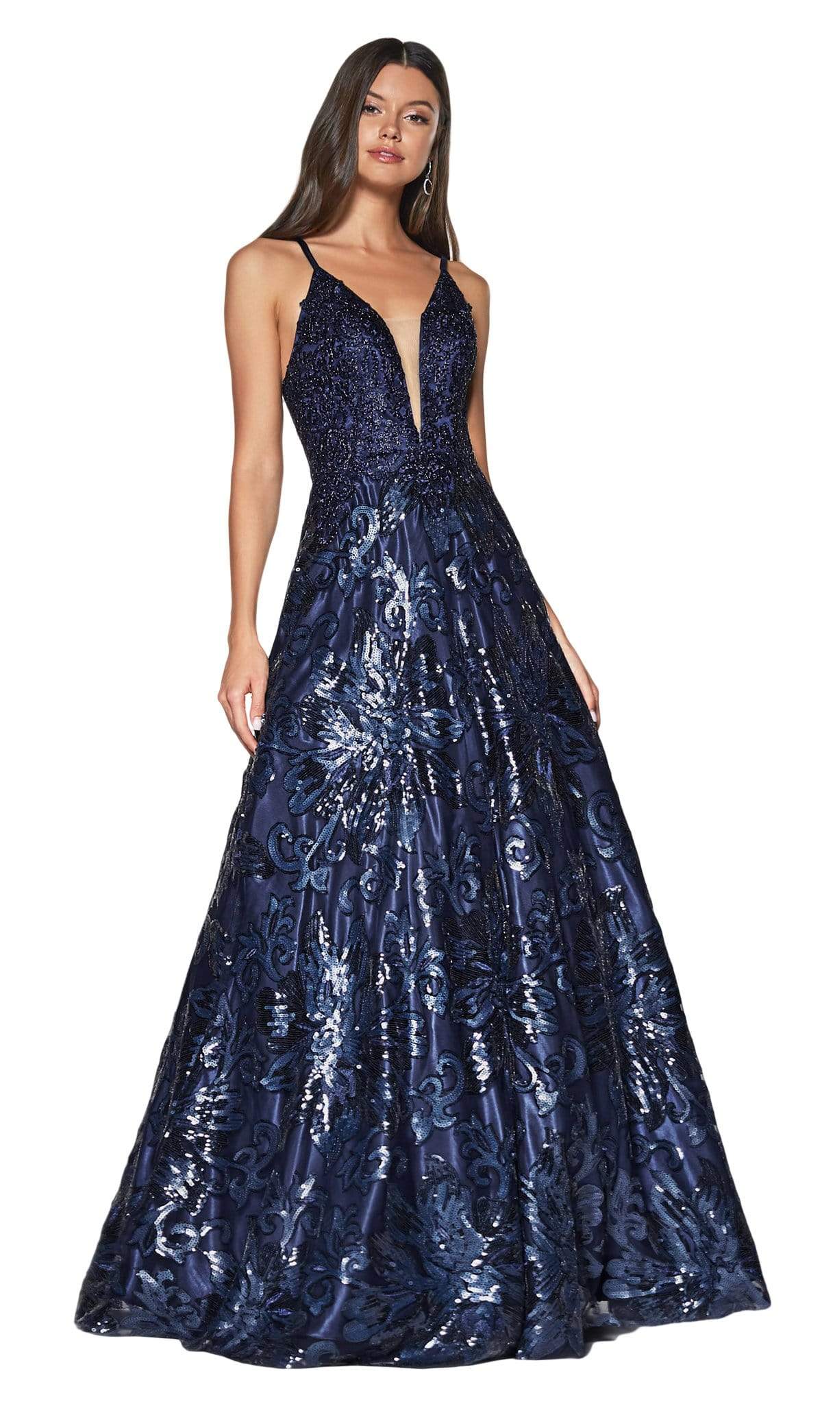 Cinderella Divine - ML923 Sequined Deep V-neck A-line Dress In Blue
