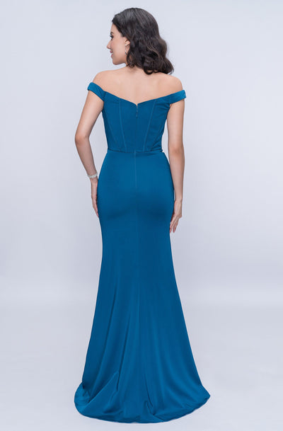 Nina Canacci - 1416 Plunging Off Shoulder High Slit Gown In Blue