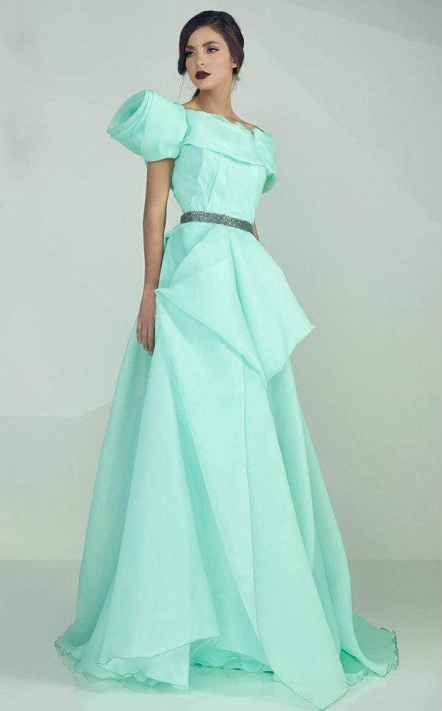 MNM Couture - Off Shoulder Embellished Layered Gown G0669 in Green