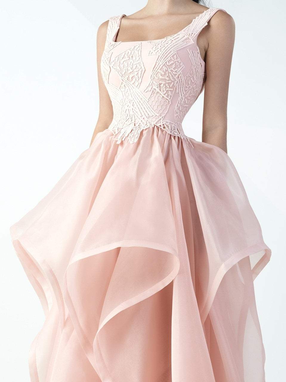 MNM Couture - Square Neck Ruffled Tulle Evening Gown G0727 in Pink