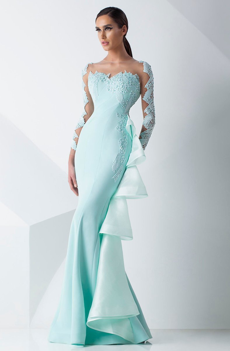 MNM Couture - G0739 Beaded Long Sleeved Fitted Mermaid Gown in Green