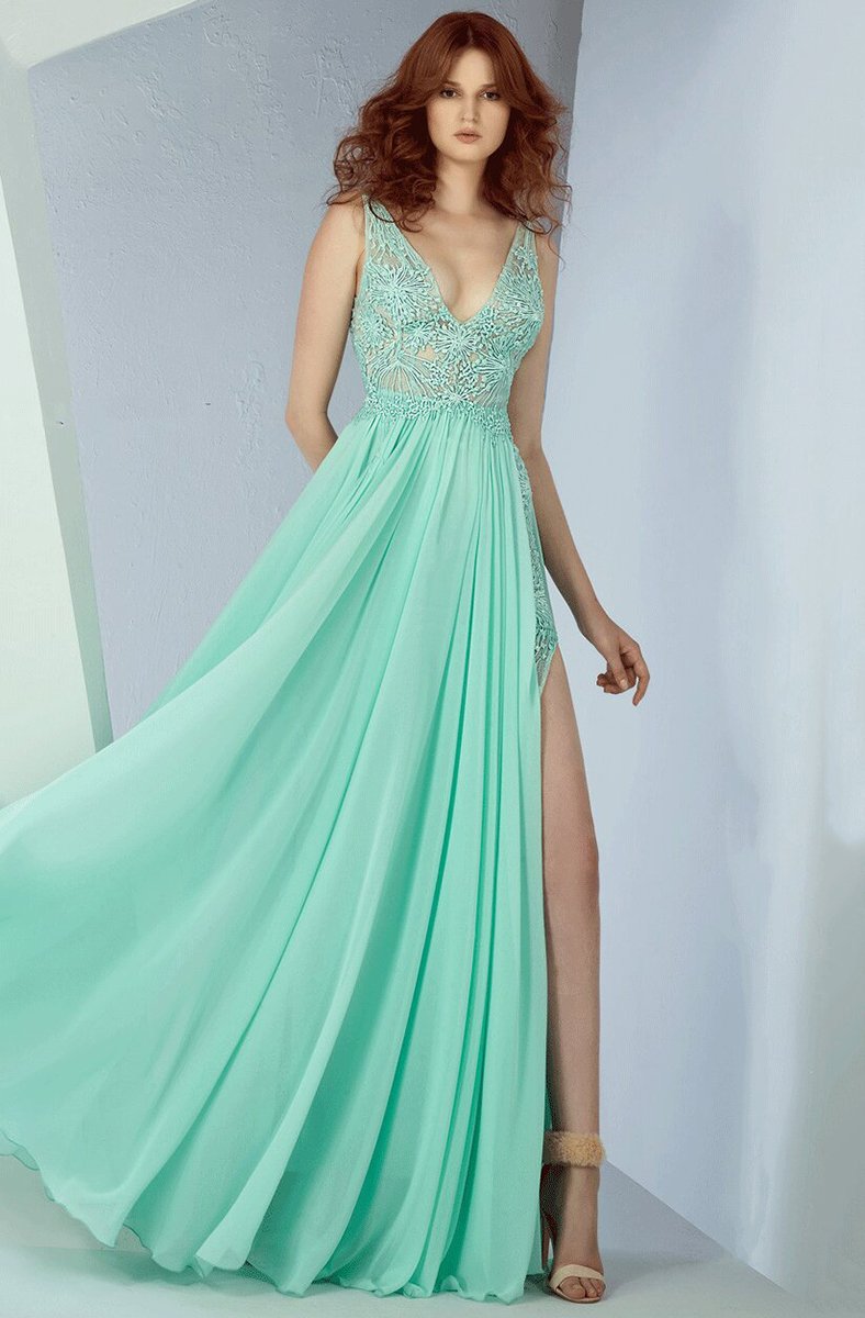 MNM Couture - G0843 Floral Illusion Lace Plunging V-Neck Gown in Green