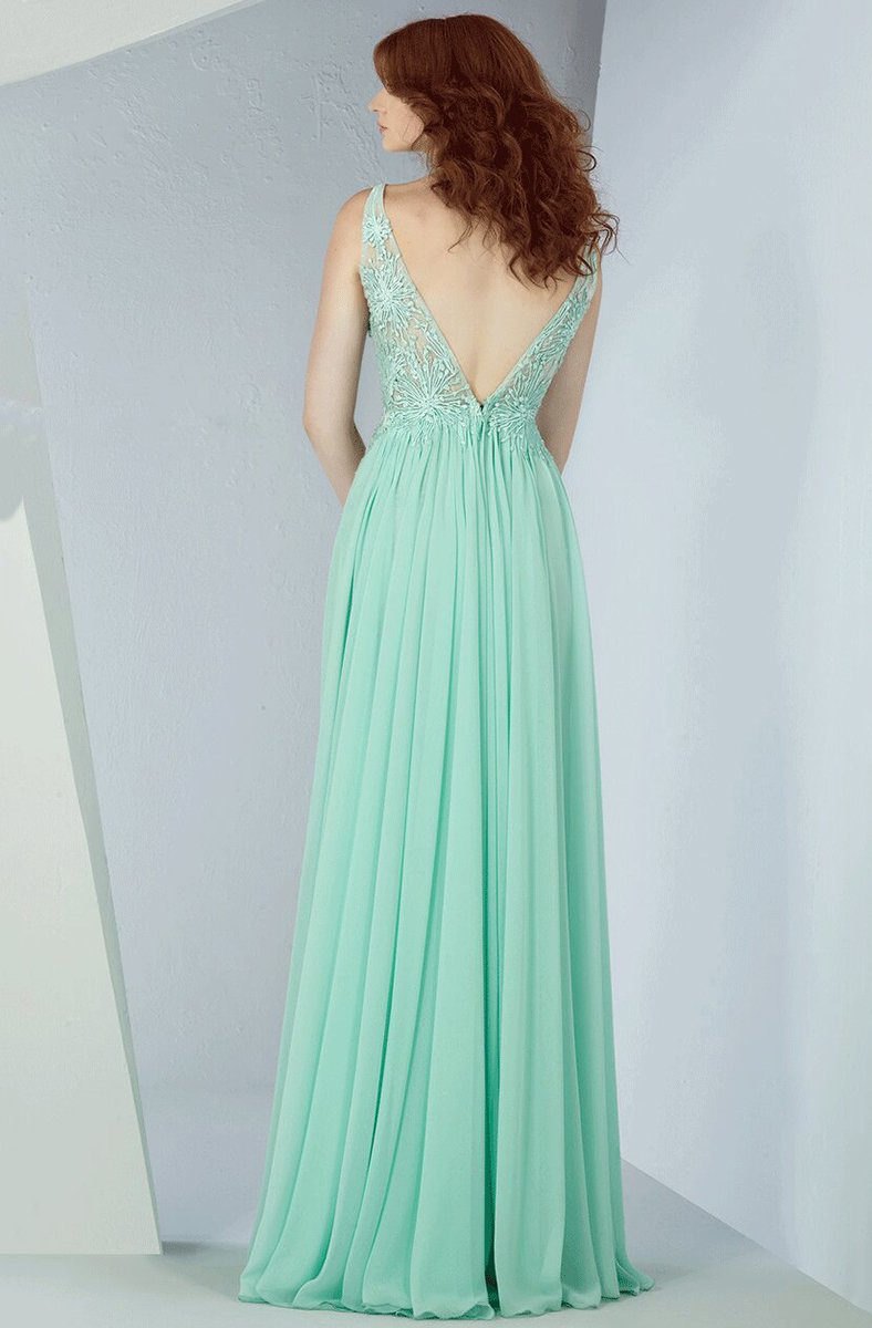 MNM Couture - G0843 Floral Illusion Lace Plunging V-Neck Gown in Green