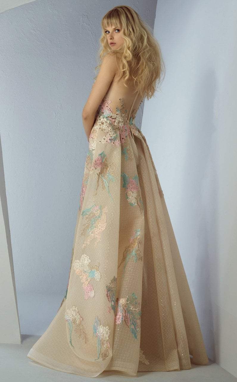 MNM COUTURE - G0863 Bejeweled Blossom Appliqued Mermaid Gown In Gold and Blue
