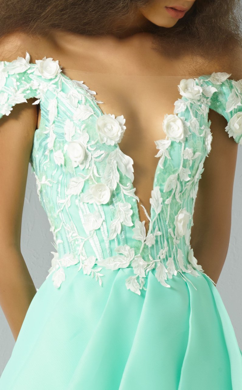 MNM Couture - G0878 Floral Embellished Illusion Off-Shoulder Gown In Green