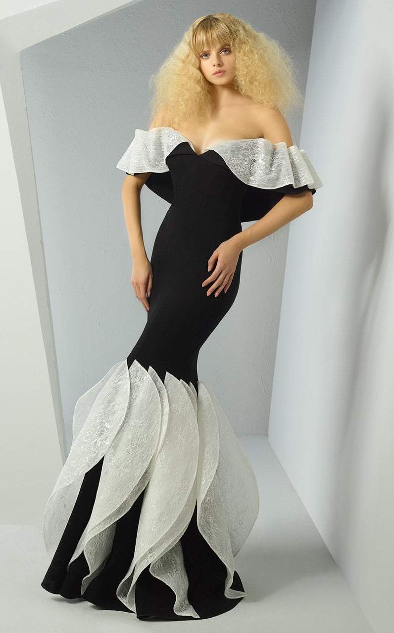 MNM Couture - G0880 Ruffled Lace Off-Shoulder Mermaid Gown In Black and White