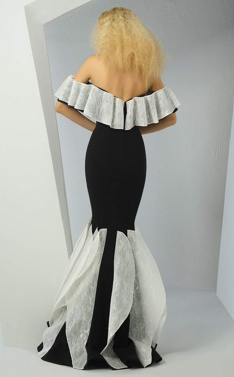 MNM Couture - G0880 Ruffled Lace Off-Shoulder Mermaid Gown In Black and White