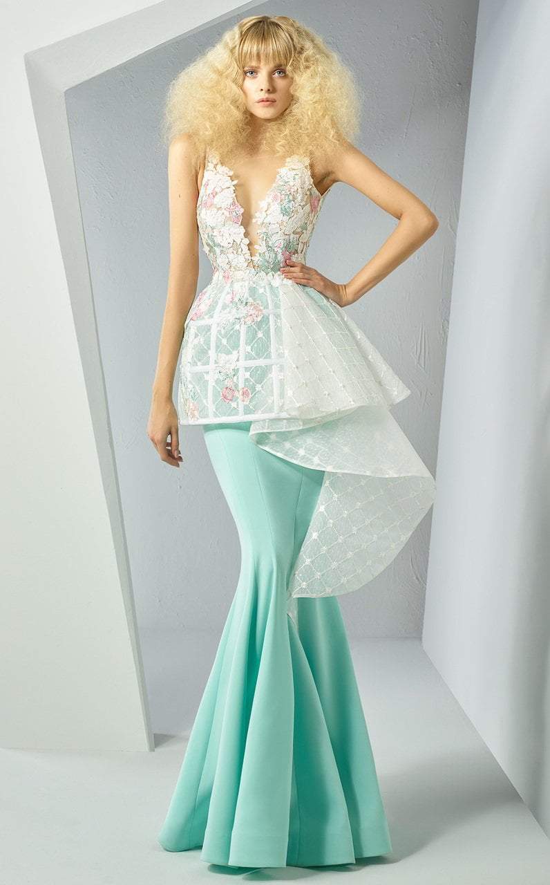 MNM Couture - G0885 Plunging Appliqued Cascading Peplum Gown In Green