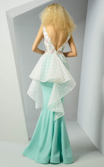 MNM Couture - G0885 Plunging Appliqued Cascading Peplum Gown In Green