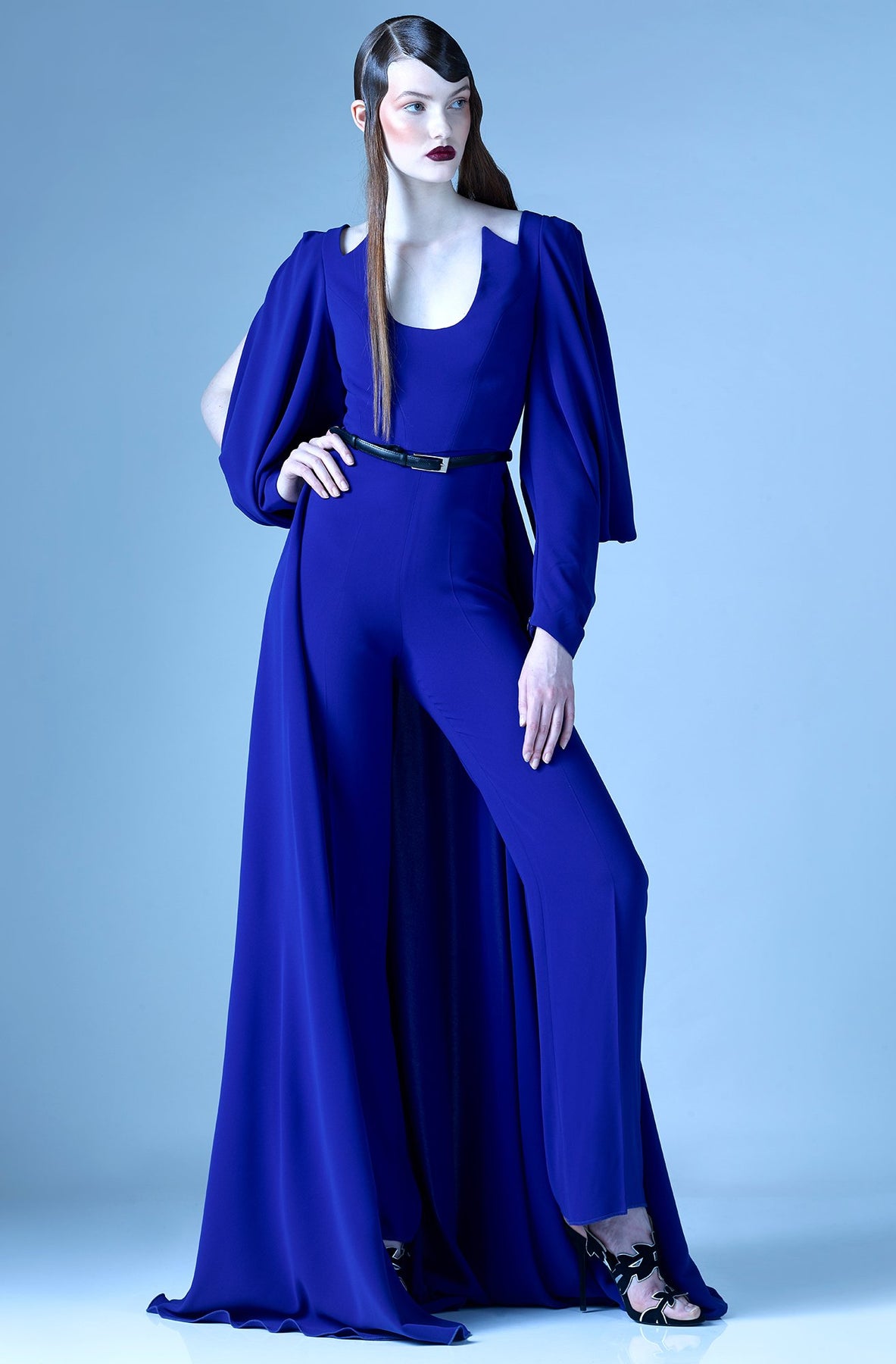 MNM Couture - G0910 Long Sleeve Pantsuit with Back Train in Blue