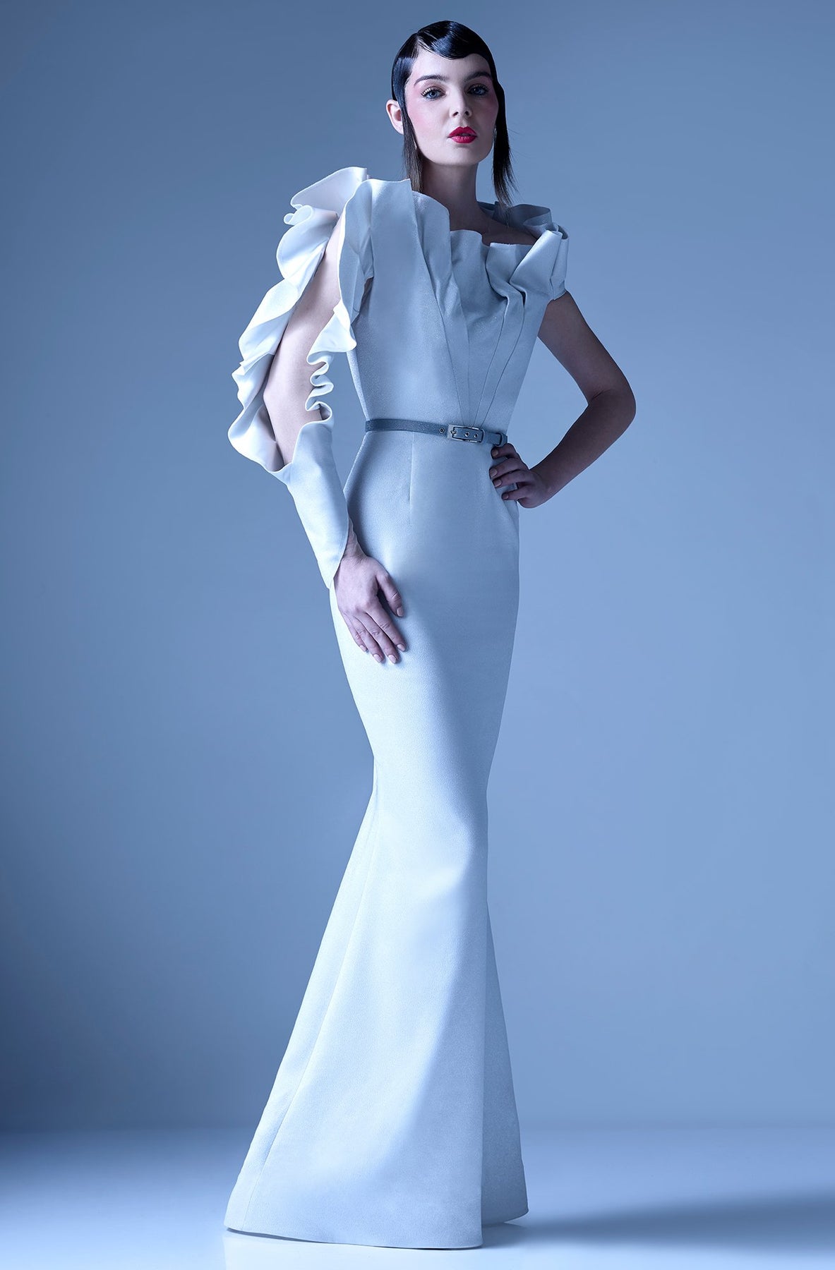 MNM Couture - G0934 Ruffled Asymmetric Neck Mermaid Dress in Silver