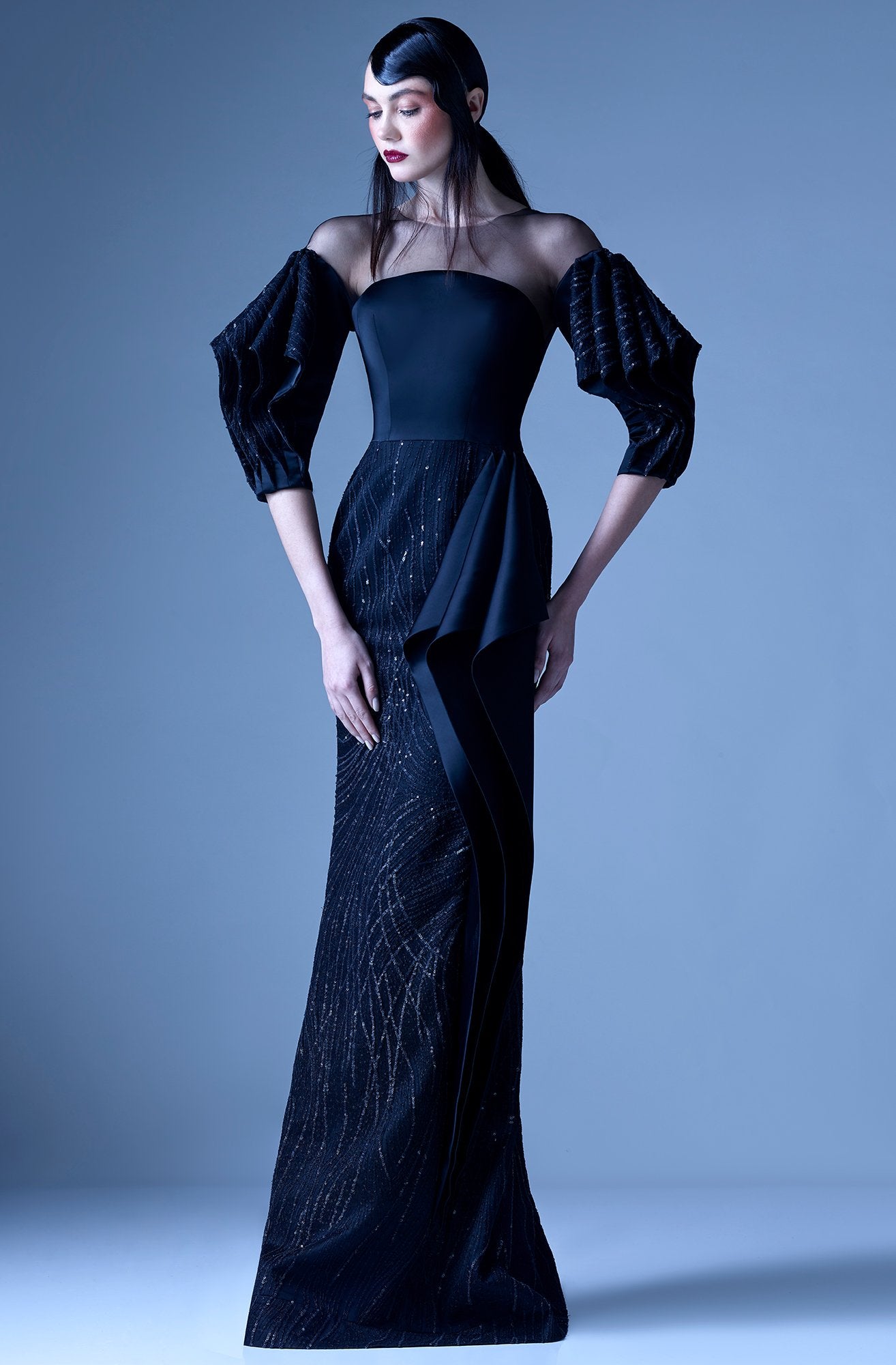 MNM Couture - G0956 Applique Illusion Jewel Sheath Dress in Black