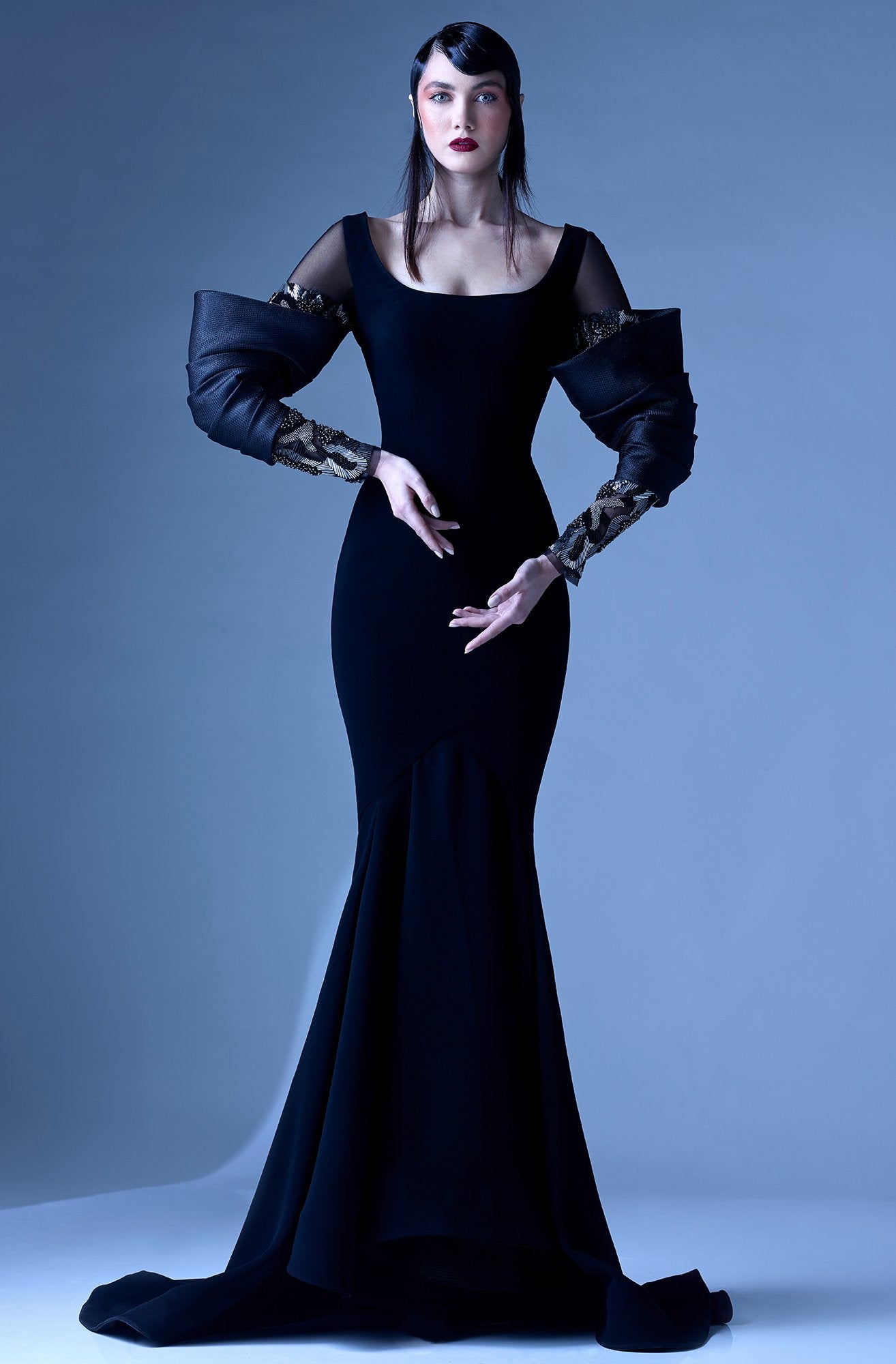 MNM Couture - G0957 Fitted Scoop Trumpet Evening Gown in Black