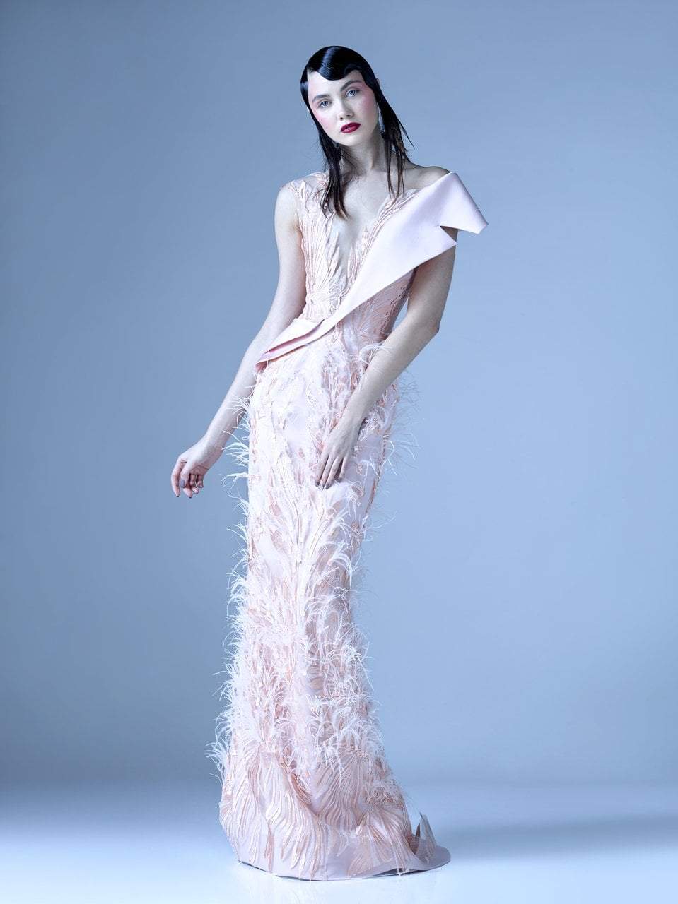 MNM Couture - G0968 Bedazzled Asymmetric Neck Trumpet Dress in Pink